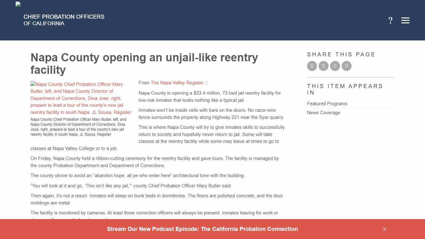 Napa County opening an unjail-like reentry facility - Chief Probation Officers of California